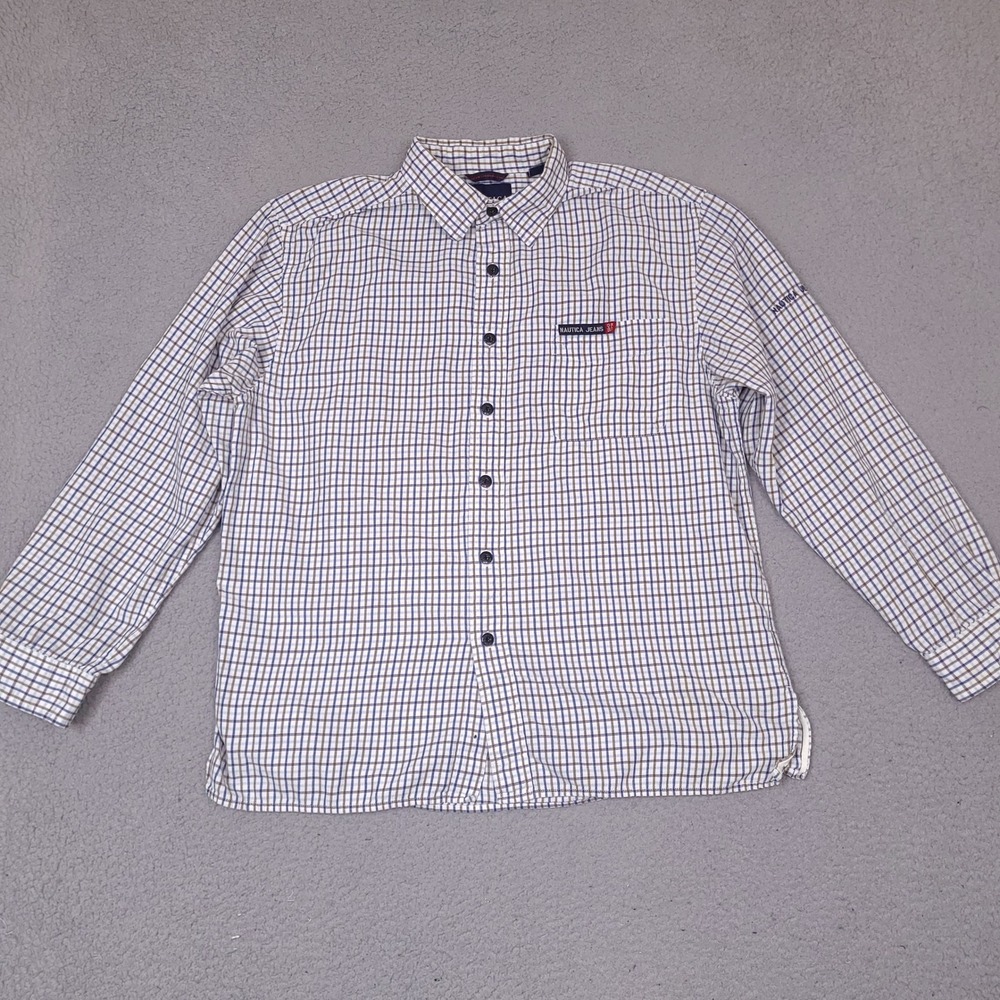 Nautica Jeans Company Shirt Mens Large White Blue Plaid Button Down Long Sleeve